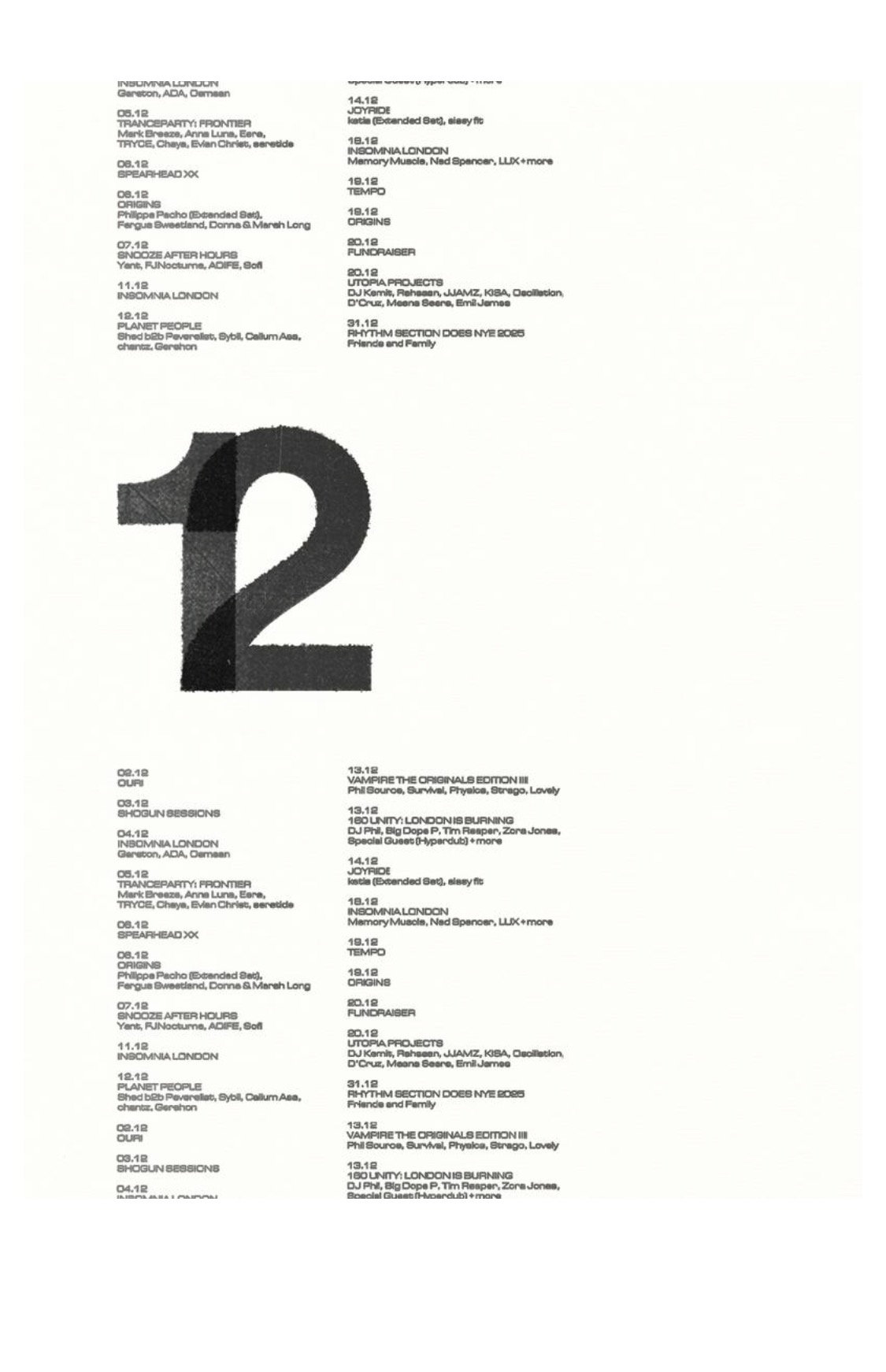 '12' event calendar — giant numeral over listings